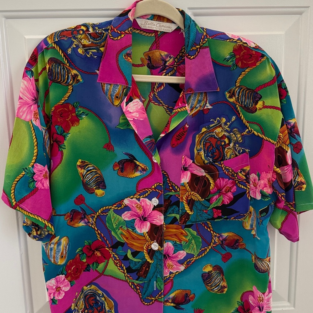 Vintage Bella Camicie Silk Hawaiian Orchids Fish Short Sleeve Blouse Size Large
